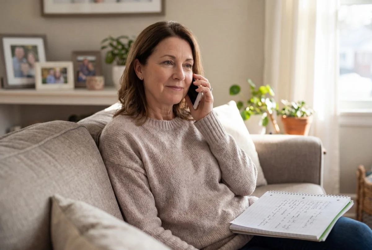 Homeowner listening on a phone call, taking notes