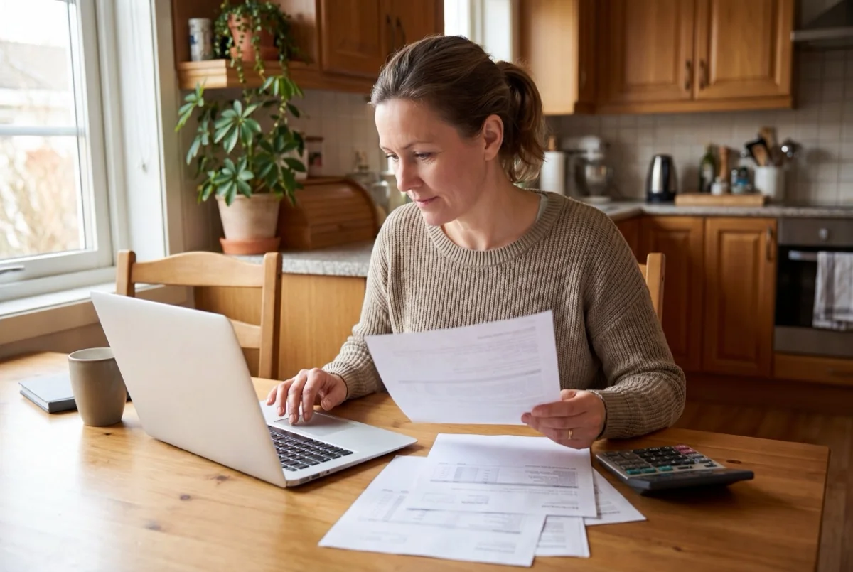 Homeowner reviewing financial documents at her kitchen table